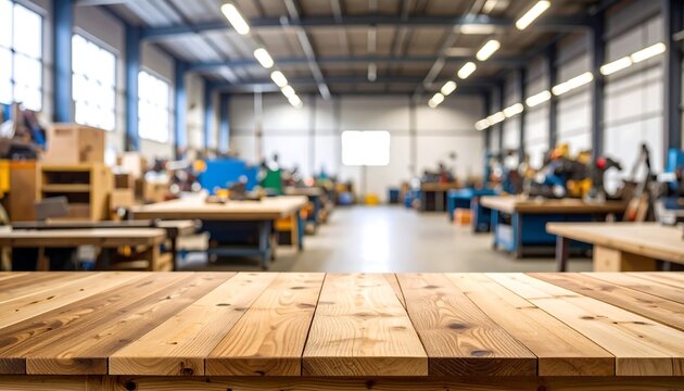 Empty wooden tabletop in a blurred industrial workshop - Powered by Adobe