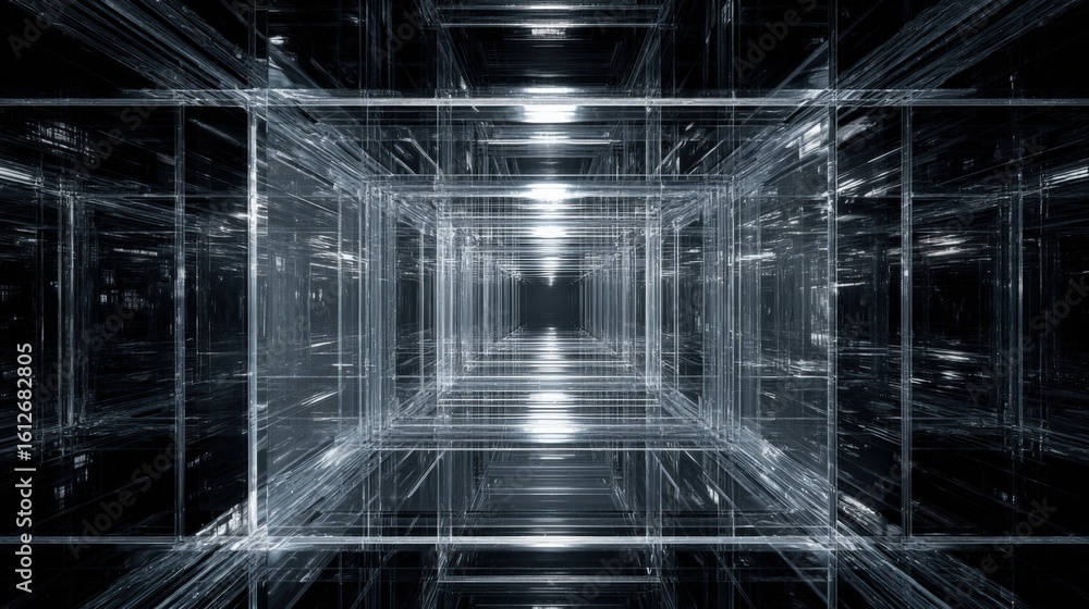 Poster futuristic digital tunnel with high tech architecture, glowing lines, and infinite depth in a cyber 