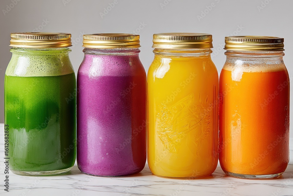 Aufkleber vibrant assorted color juices in mason jars with metal lids displayed in a row on white background