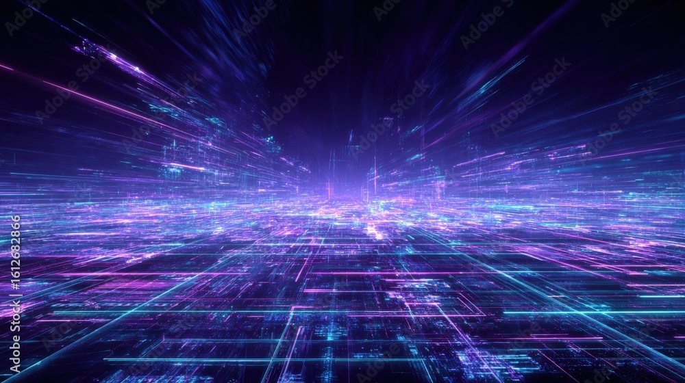 Poster futuristic digital cityscape with neon lights and glowing data streams representing technology and d