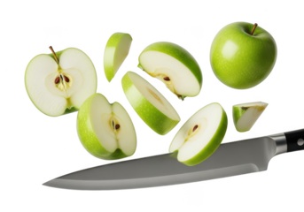 Green apples sliced and floating with a knife on fruit food