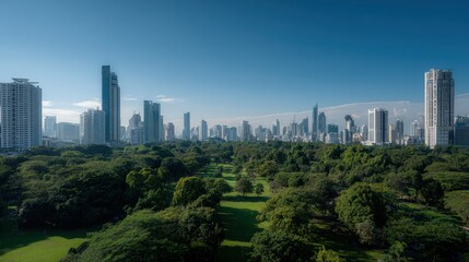Obraz premium Vibrant cityscape featu modern skyscrapers towe over lush green park with clear blue sky and mountain range in the background