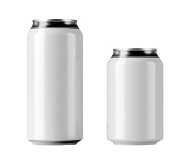 Two blank white aluminum cans of different sizes isolated on transparent background