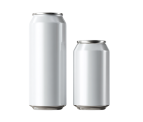 Two plain white aluminum cans for soda or drinks isolated on transparent background