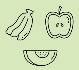 Minimalist line art illustration of assorted fruit icons forming a happy face, including bananas, a cut apple, and a melon slice.