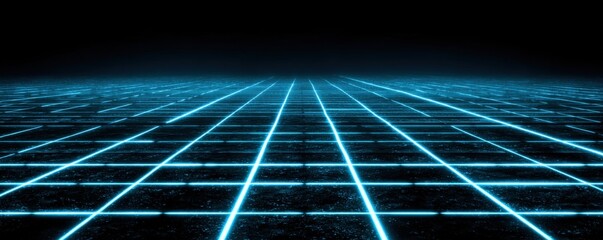 Futuristic Digital Grid Landscape with Glowing Blue Lines and Infinite Perspective for Technology, Innovation, and Cyber Environment Themes