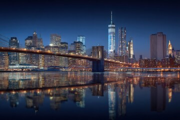 Obraz premium Modern New York City skyline at dusk featu iconic skyscrapers and illuminated bridges reflecting in calm river waters with a vibrant cityscape backdrop