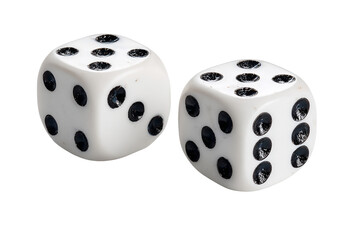 Two white dice showing different numbers isolated on transparent background