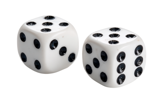 Two white dice showing different numbers isolated on transparent background - Powered by Adobe