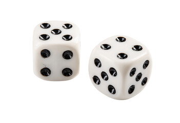 Two white dice showing different numbers isolated on transparent background