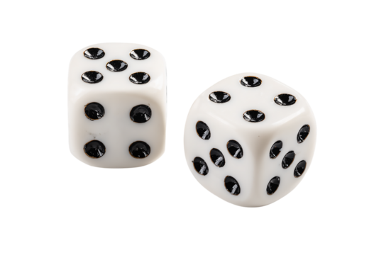 Two white dice showing different numbers isolated on transparent background