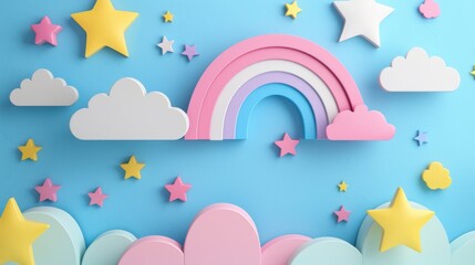 Cute, whimsical 3D render with a pastel rainbow, clouds, and stars on a blue background