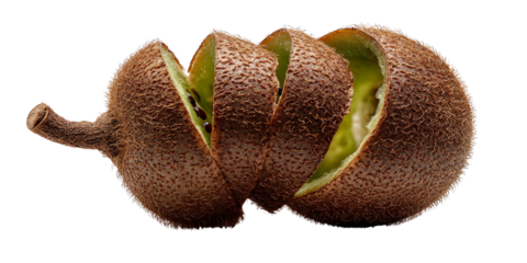 Sliced kiwi fruit with spiral peel on black background Closeup of fresh, ripe kiwifruit with juicy green flesh and black seeds Concept of healthy eating and exotic fruits