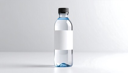 A clear plastic water bottle with a blank white label sits on a white surface against a white background