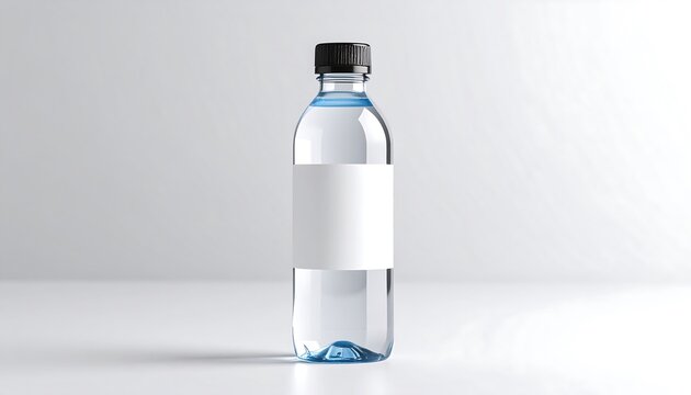 A clear plastic water bottle with a blank white label sits on a white surface against a white background