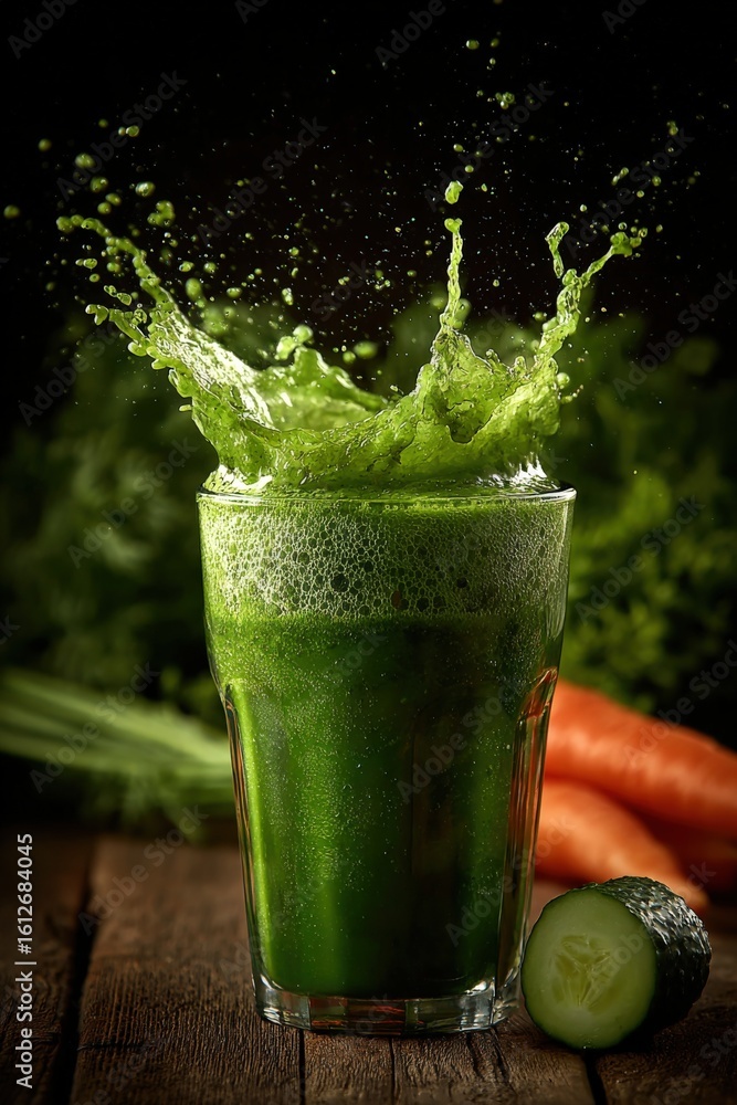 Poster refreshing green vegetable juice splashing into a glass with fresh carrots and cucumber on rustic wo