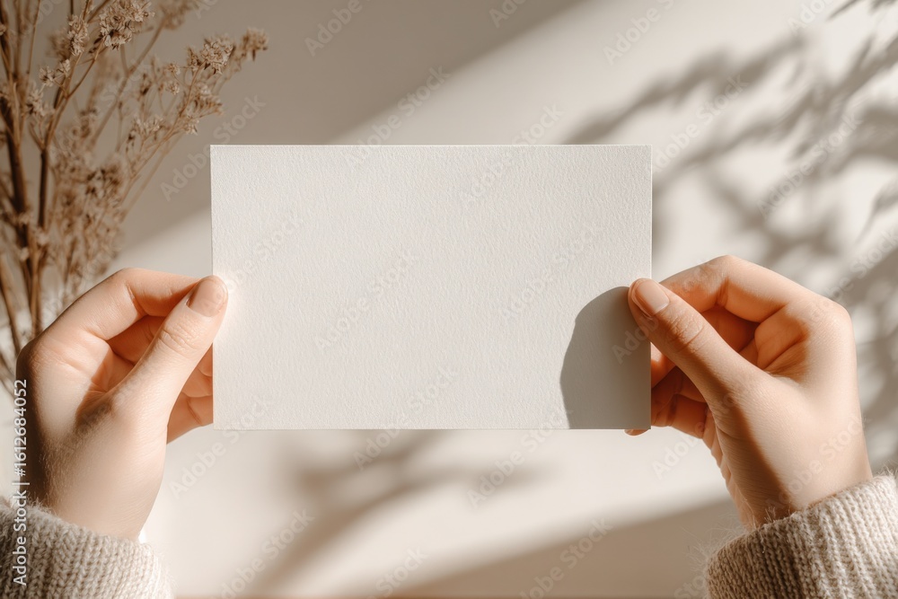 Poster minimalist blank white rectangular paper held by two hands with soft shadow and natural background f