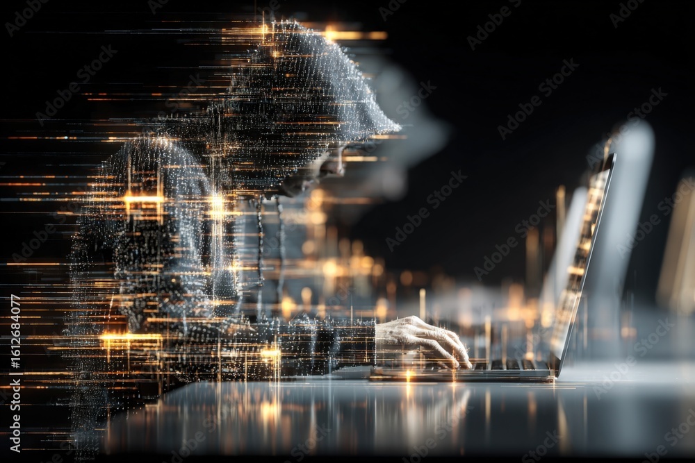 Aufkleber futuristic digital technological network interface with glowing data points and a person working on 