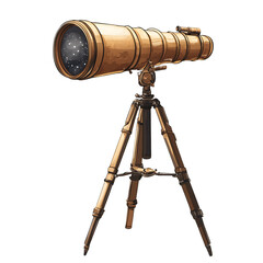 Antique Brass Telescope on Tripod, Starry Night Viewfinder, Vintage Illustration, Exploration Concept