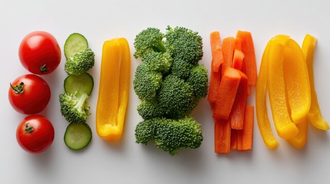 Fresh colorful vegetables including cherry tomatoes broccoli yellow bell peppers cucumbers carrots and yellow bell pepper strips arranged in a row on a white background