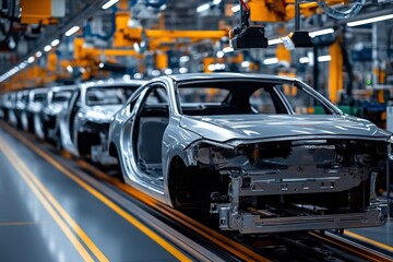 Modern automotive assembly line with partially assembled vehicles on moving conveyor belts in a high-tech manufactu plant