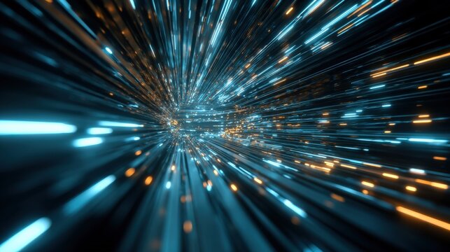 Abstract digital artwork of light streaks and sparkling particles in motion creating a futuristic immersive tunnel effect with vibrant glowing blue and orange hues