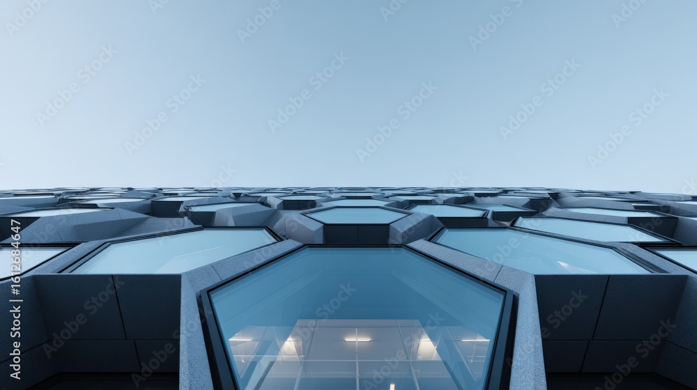 Aufkleber modern futuristic building facade composed of geometric hexagonal glass panels reflecting the sky an