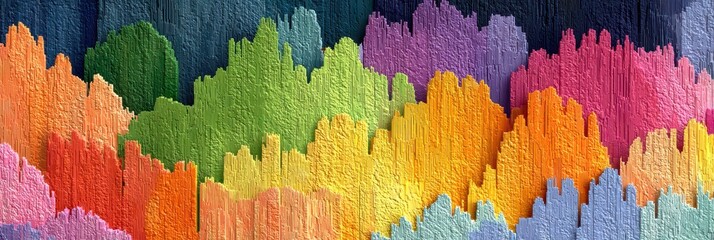 Bright abstract landscape mural showcasing vibrant colors on a textured background in an urban setting