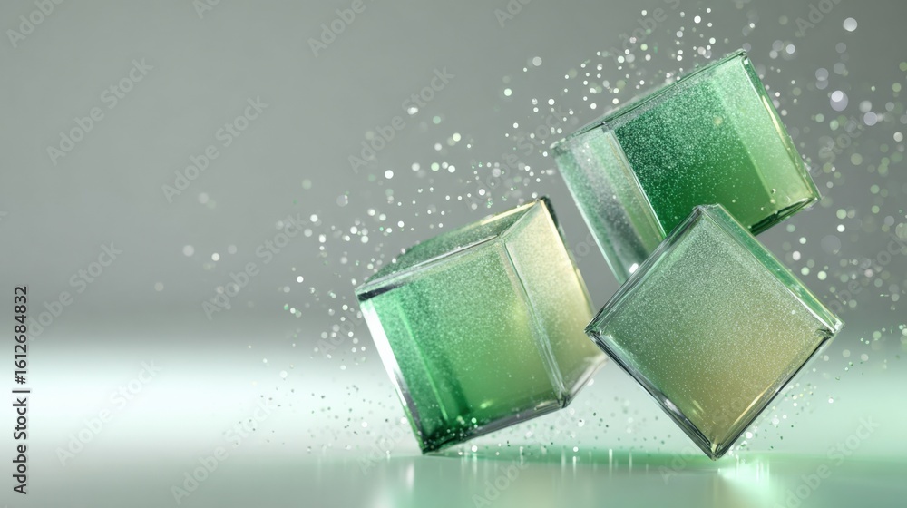 Poster three shiny metallic cubes with reflective surfaces in shades of green arranged on a smooth surface 