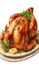 Succulent roasted chicken garnished with herbs served on an elegant platter for a festive dinner
