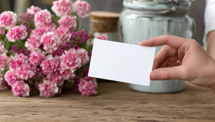 Obraz premium Blank card held in a hand, with a blurred pink flower bouquet and decorative jars in the background, on a rustic wooden surface