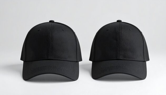 Two black baseball caps mock up on white background Blank apparel.