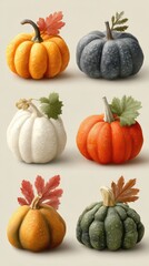 Beautiful display of decorative pumpkins in various colors and sizes arranged in a creative composition