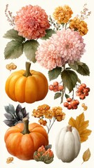 Colorful autumn arrangement with pumpkins and flowers showcasing seasonal beauty and natural elements