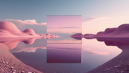 Paysage hypersurréaliste avec un miroir au centre, ambiance rose, couleurs pastel.