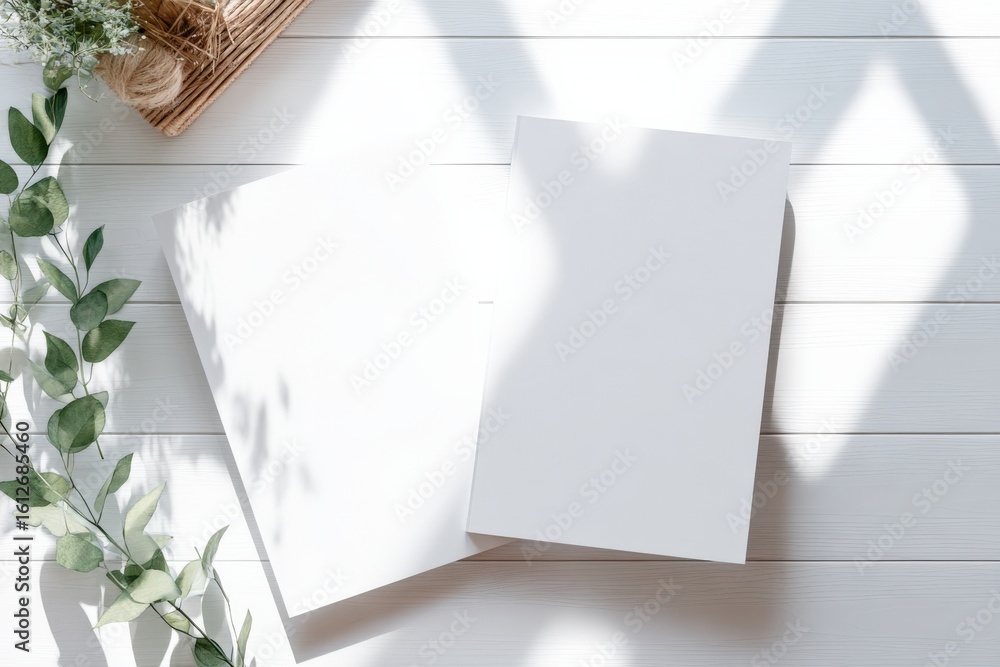 Poster minimalist empty open notepad and notebook with shadows on white wooden desk with green plant for of