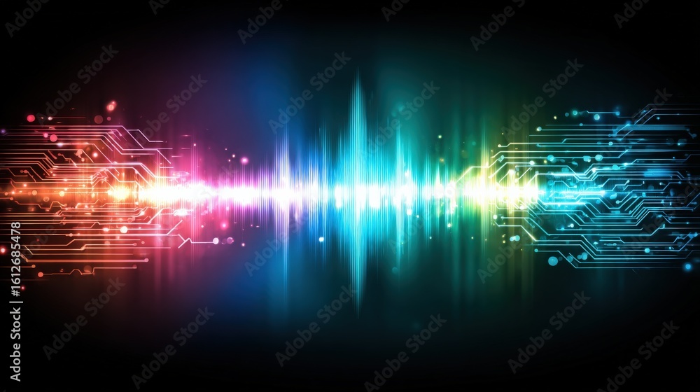 Poster vibrant digital soundwave spectrum illustration with bright colors and circuit patterns representing
