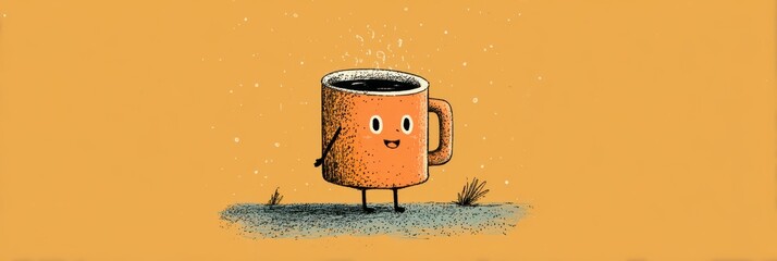 Bright orange coffee cup character stands on a textured surface against a warm yellow background celebrating coffee culture