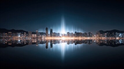 Obraz premium Stunning night cityscape with illuminated skyline and water reflection featu modern skyscrapers and distant mountains under dark sky