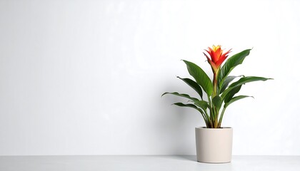 Vibrant Bromeliad Plant in a Modern Pot Against a Clean White Wall.