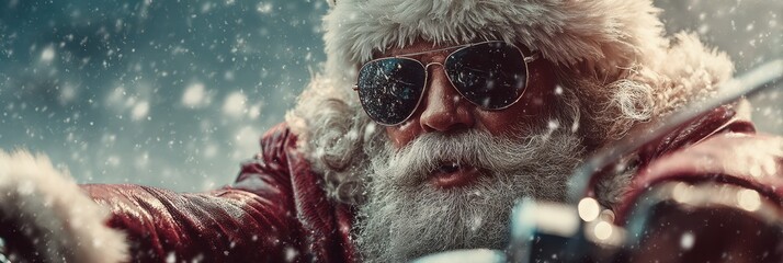 Santa Claus rides a motorcycle through falling snow while wearing sunglasses and a festive outfit
