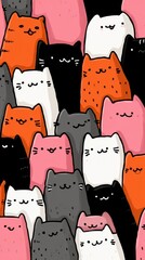Colorful gathering of cartoon cats on a black background showcasing various expressions and patterns