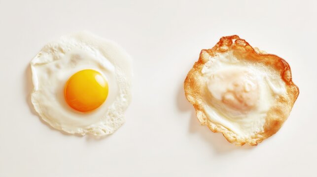 Close-up of a sunny side up fried egg with a bright yellow yolk and crispy edge next to a cooked egg in a crispy pan on a plain white background