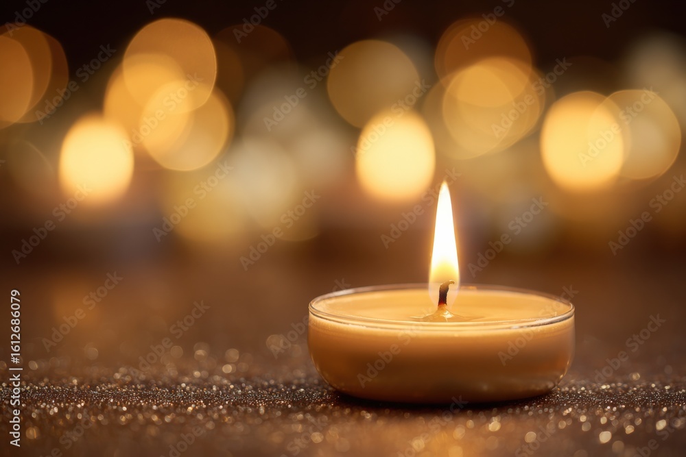 Poster close-up of a single lit tealight candle illuminating a sparkling glitter surface with blurred warm 