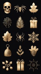 Golden autumn and Halloween themed decorative elements on a black background featuring various motifs during a festive season