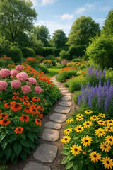Fototapeta premium Lush garden path with vibrant flowers, stone pathway, and serene green trees create a tranquil outdoor escape. Explore nature's beauty.