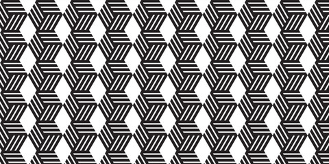 Abstract seamless pattern with geometric hexagon shapes formed by diagonal and horizontal white lines on a black background.