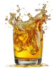 A glass of whiskey with ice cubes creating a dynamic splash isolated on transparent background