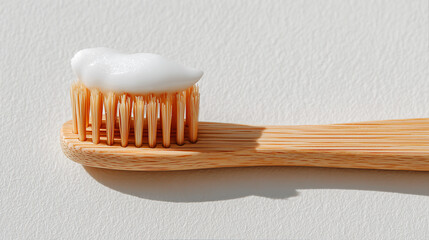 close-up of a bamboo toothbrush with paste on bristles, white background, modern hygiene products