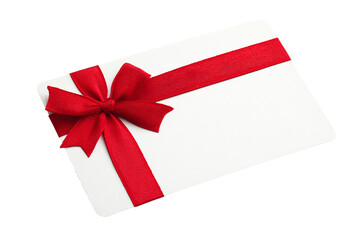 A white gift card with a red ribbon and bow isolated on transparent background